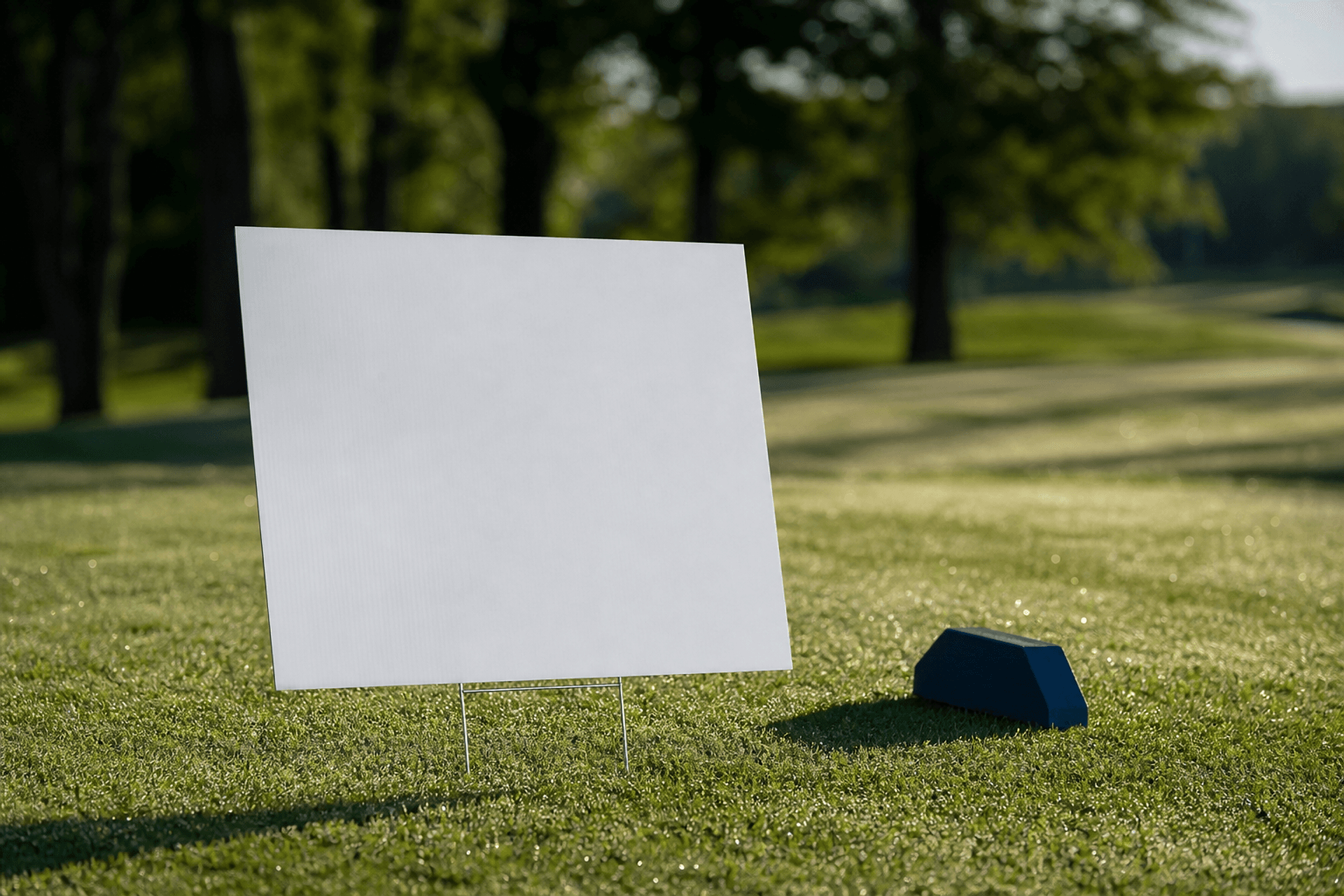 A blank branded lawn sign staked in the grass beside a tee box in early morning light